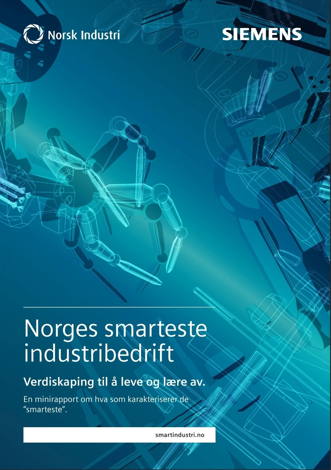 Forside av rapport med tittel 'Norges smarteste industribedrift' og bilder av teknologiske industrimaskiner i blå nyanser.