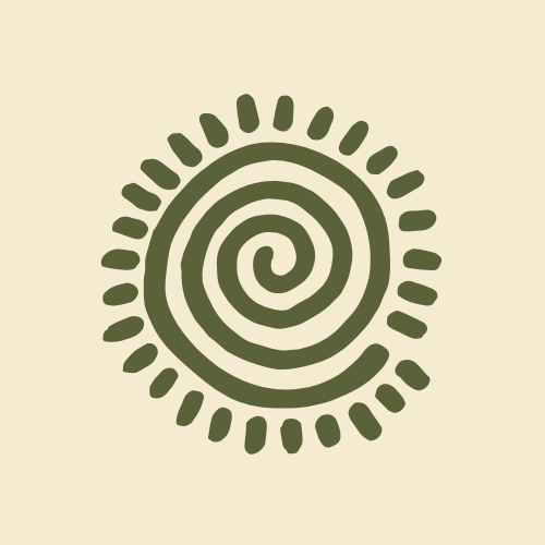A dark green spiral symbol with rays around it, on a light beige background.