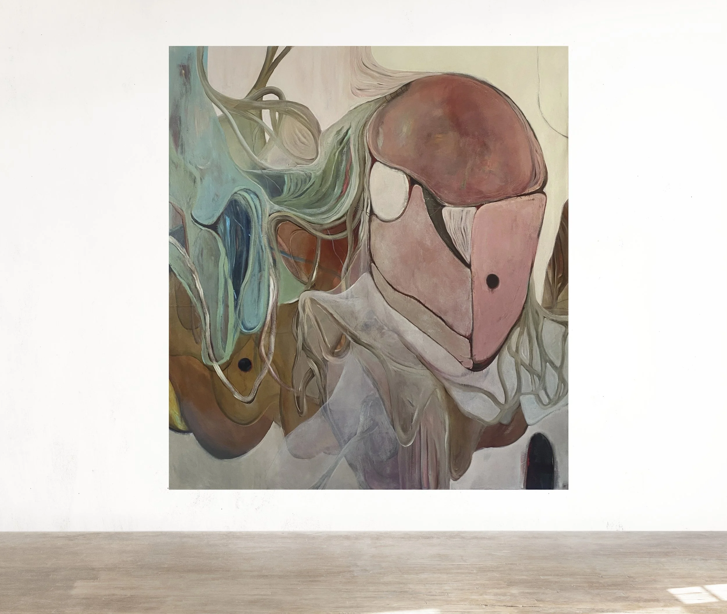 Abstract painting of stylized shapes suggestive of plant or animal life surrounded by swirling shapes and muted background colors.