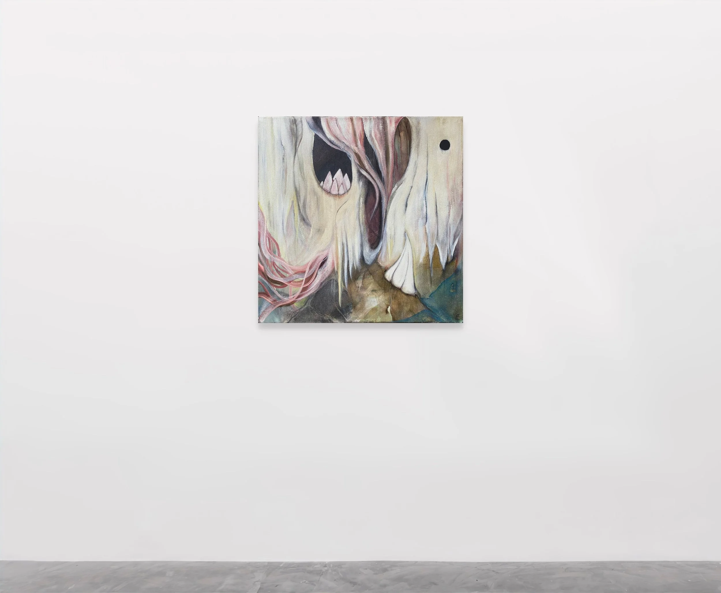 Abstract painting on a white gallery wall featuring a screaming face and flowing lines in muted colors.