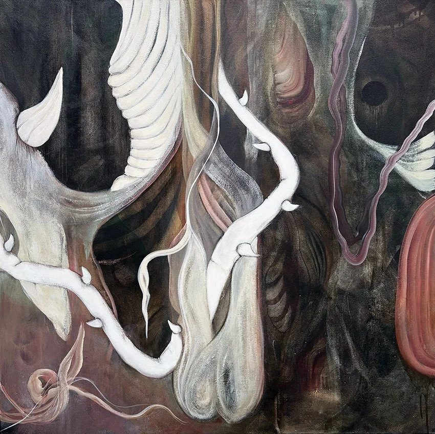 Abstract painting featuring swirling white and pink shapes on a dark, textured background.