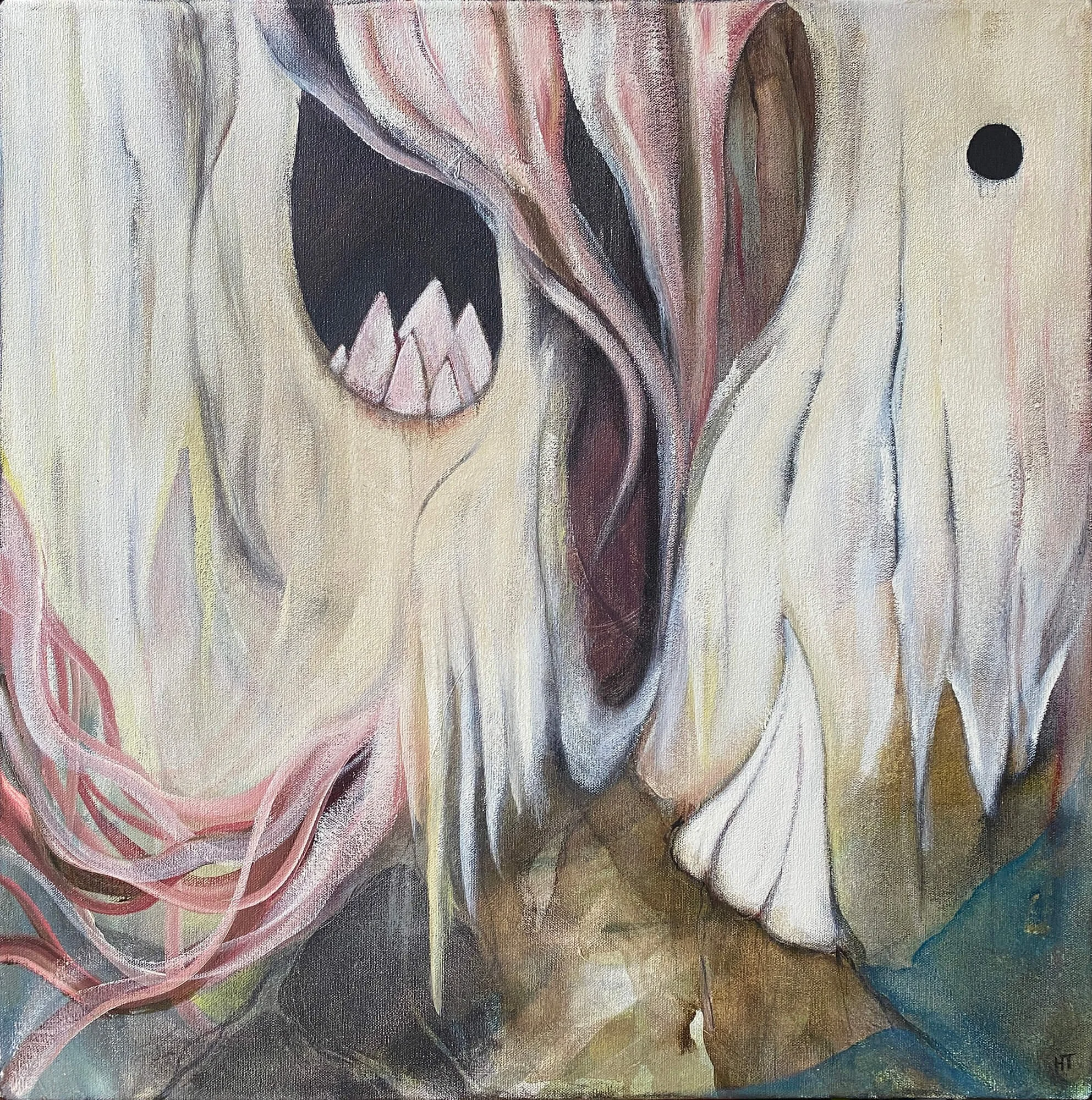 Abstract painting of a organic and fleshy forms and flowing lines and colors.