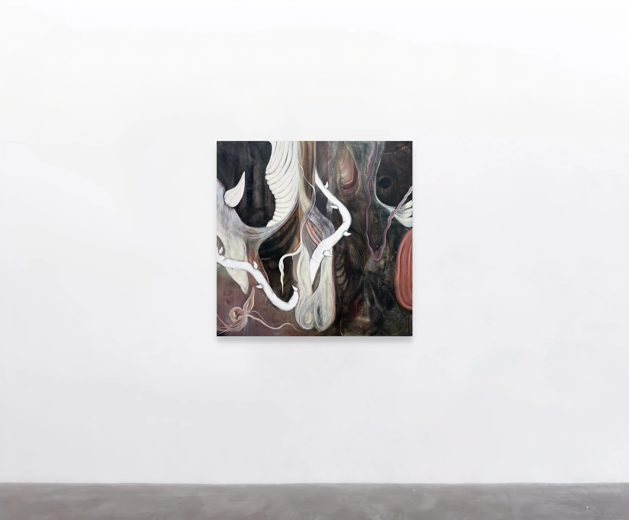 Abstract painting with organic shapes and swirling lines in dark and muted tones displayed in a gallery on a white wall.