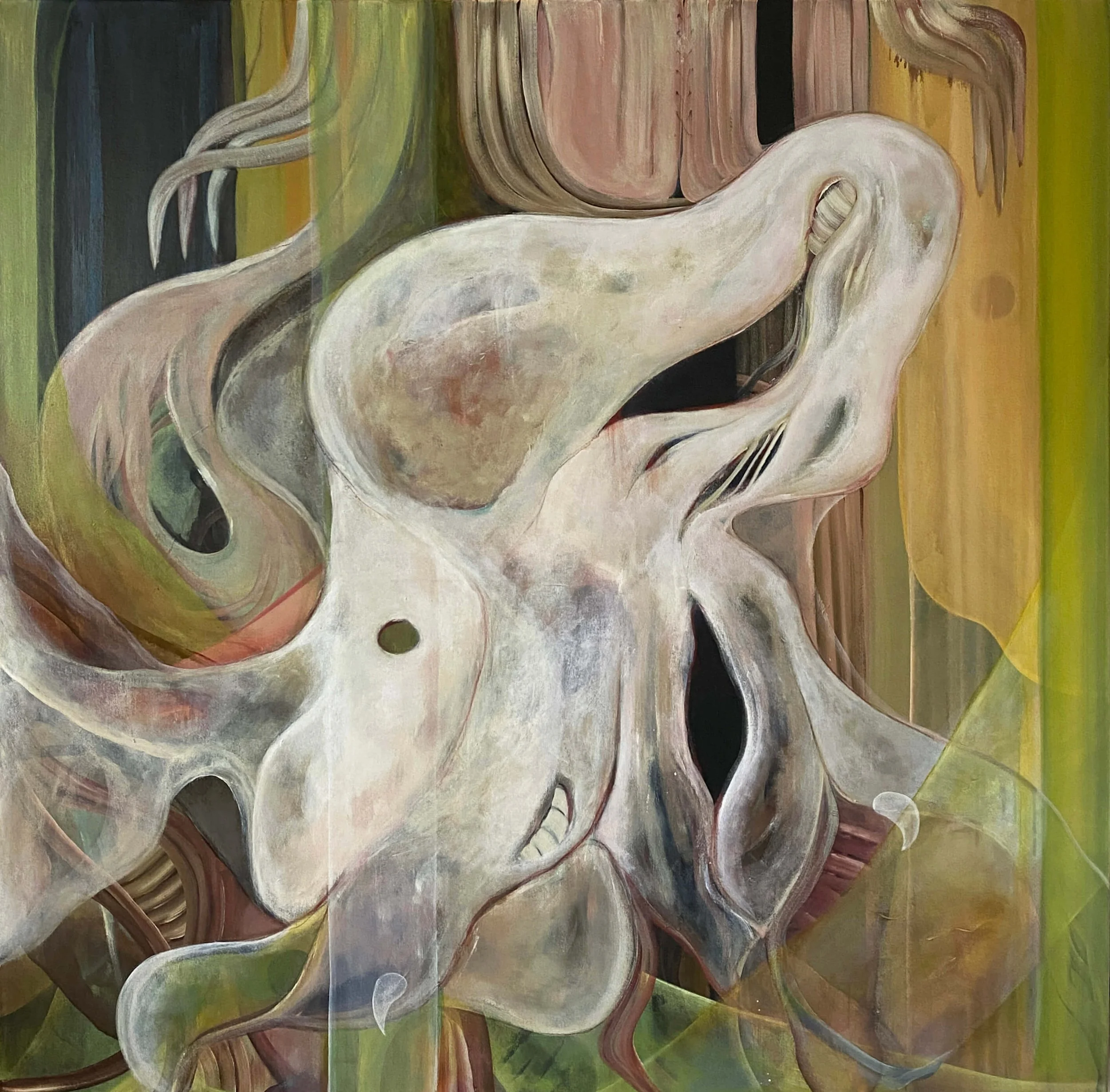 Abstract painting of a pale, distorted skull with flowing forms and muted earth tones, set against a layered, colorful background.