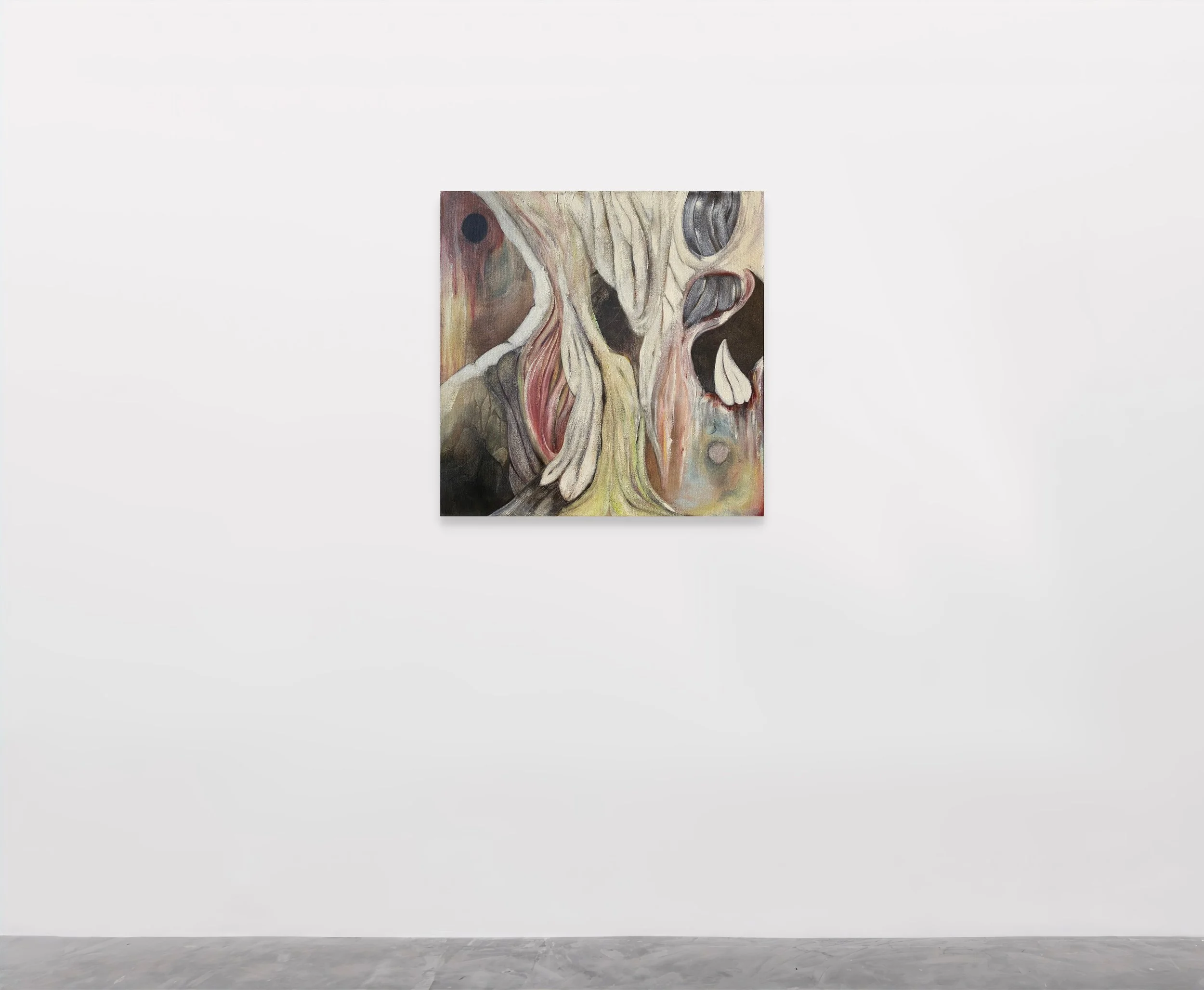 Abstract painting with distorted, swirling forms and muted earthy colors hanging on a white gallery wall.