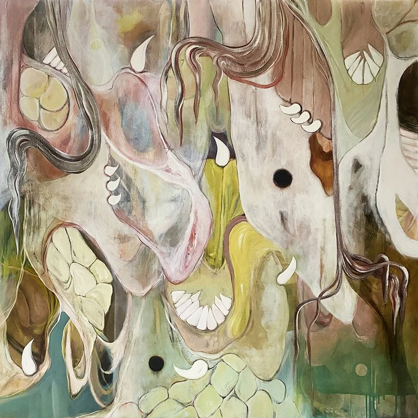 Abstract artwork featuring distorted human skulls, teeth, and skeletal elements in muted earth tones with splashes of green, yellow, and pink.