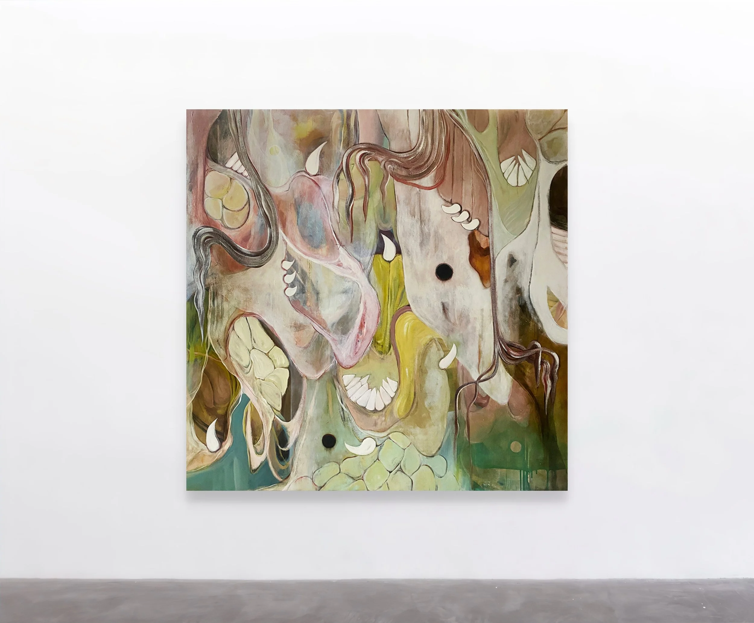 Abstract painting on a gallery wall with flowing, organic shapes and muted colors including greens, browns, pinks, and blacks.