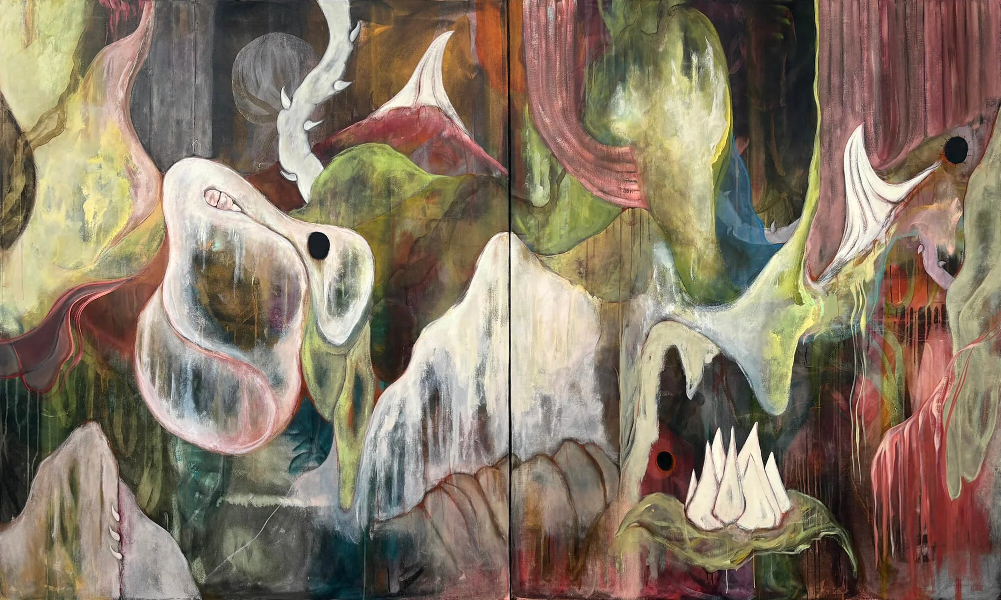 Abstract painting with organic shapes in earthy tones, including green, white, red, and brown, featuring some pointed and rounded forms with dripping paint effects.