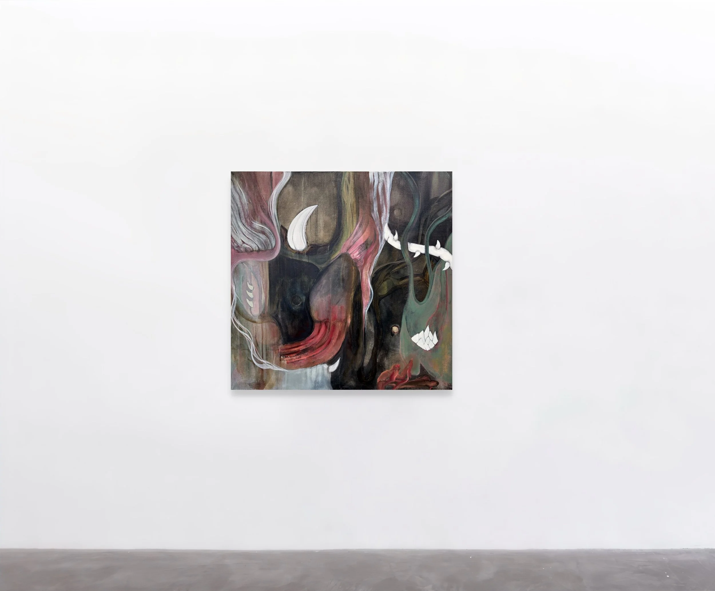 Abstract painting with flowing shapes and dark colors displayed on a white gallery wall.