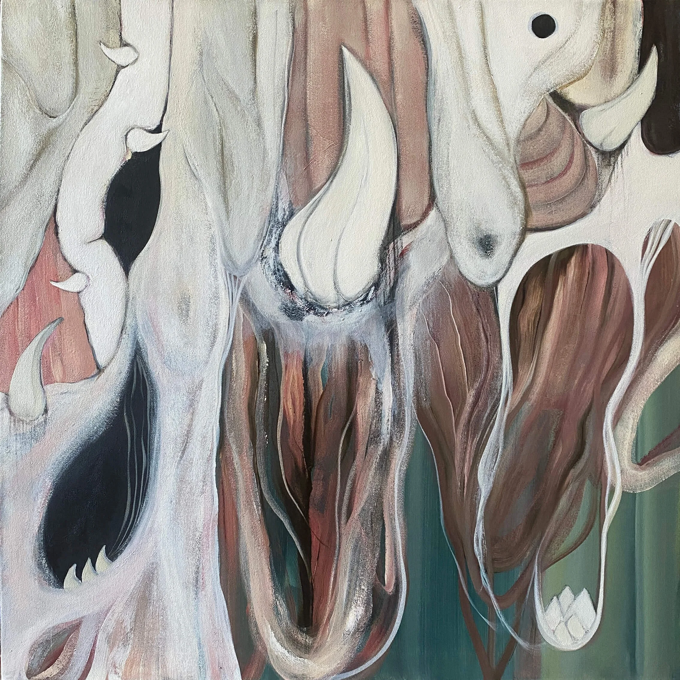 Abstract painting of claws or talons amidst fleshy shapes, painted in pinks and whites.