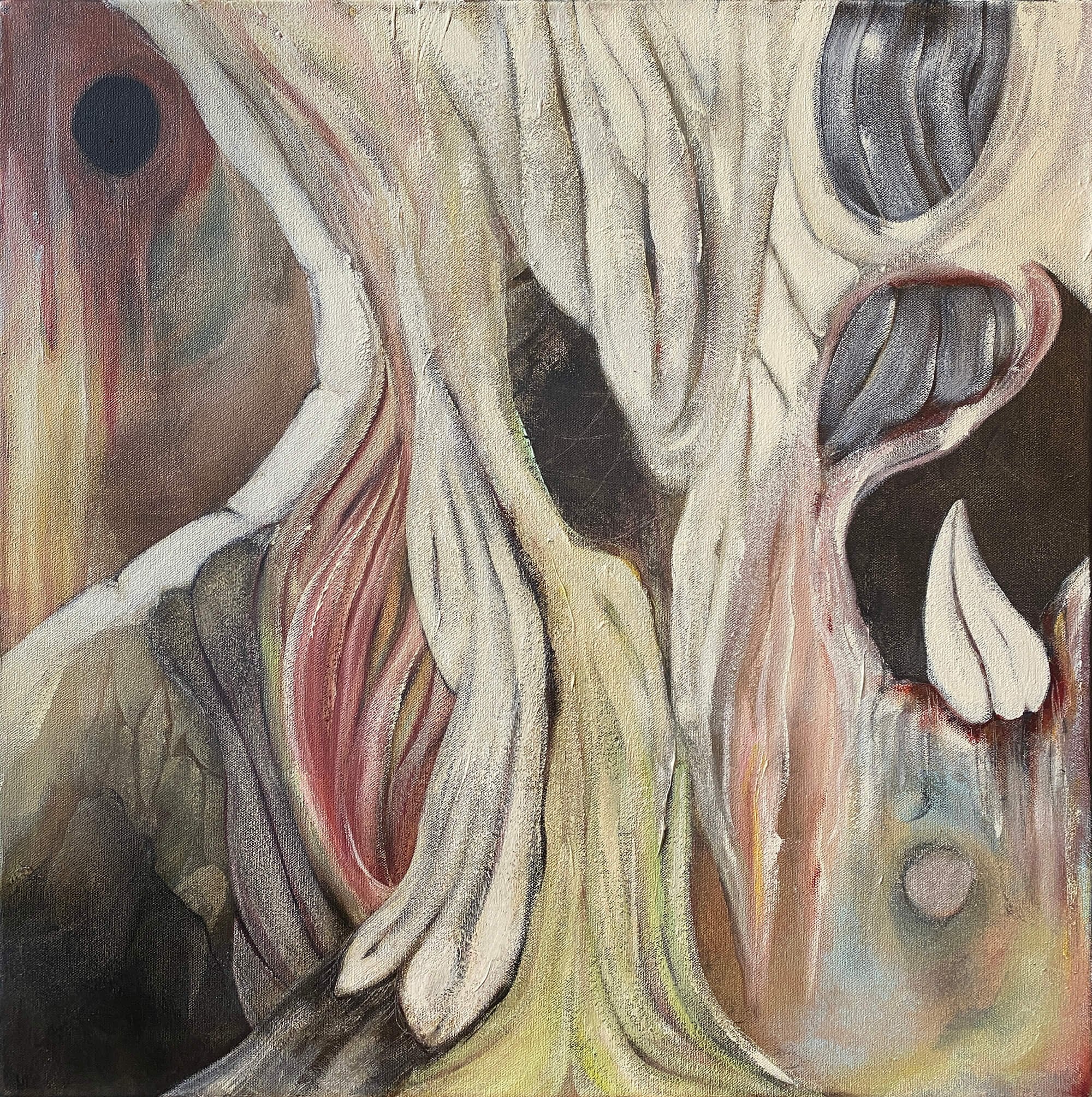 Abstract painting with flowing lines, oval shapes, and muted earth tones including beige, cream, gray, pink, and black.