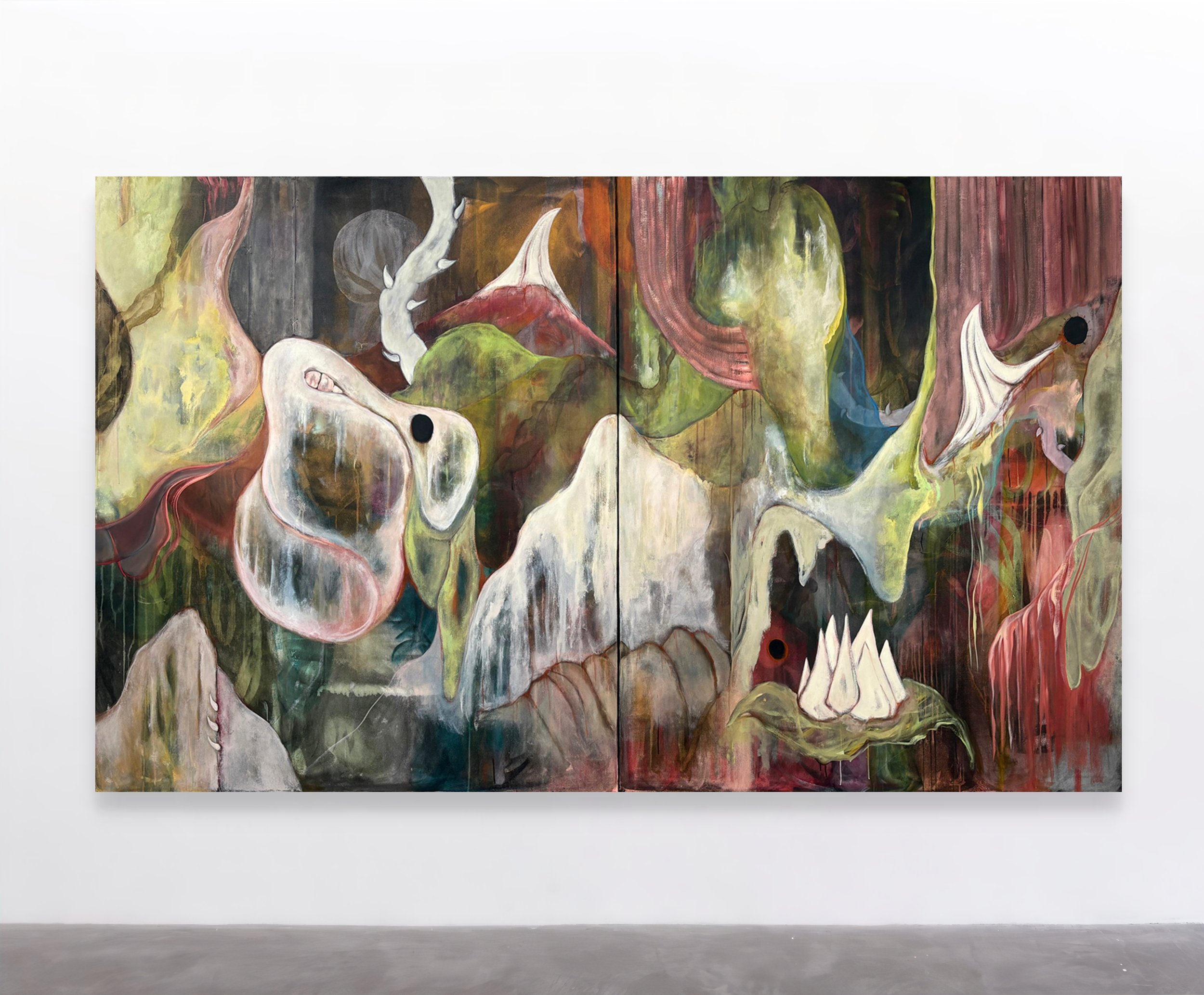 Large abstract colorful painting on a gallery wall, featuring organic shapes and fluid forms in green, pink, white, and red tones with black circles.