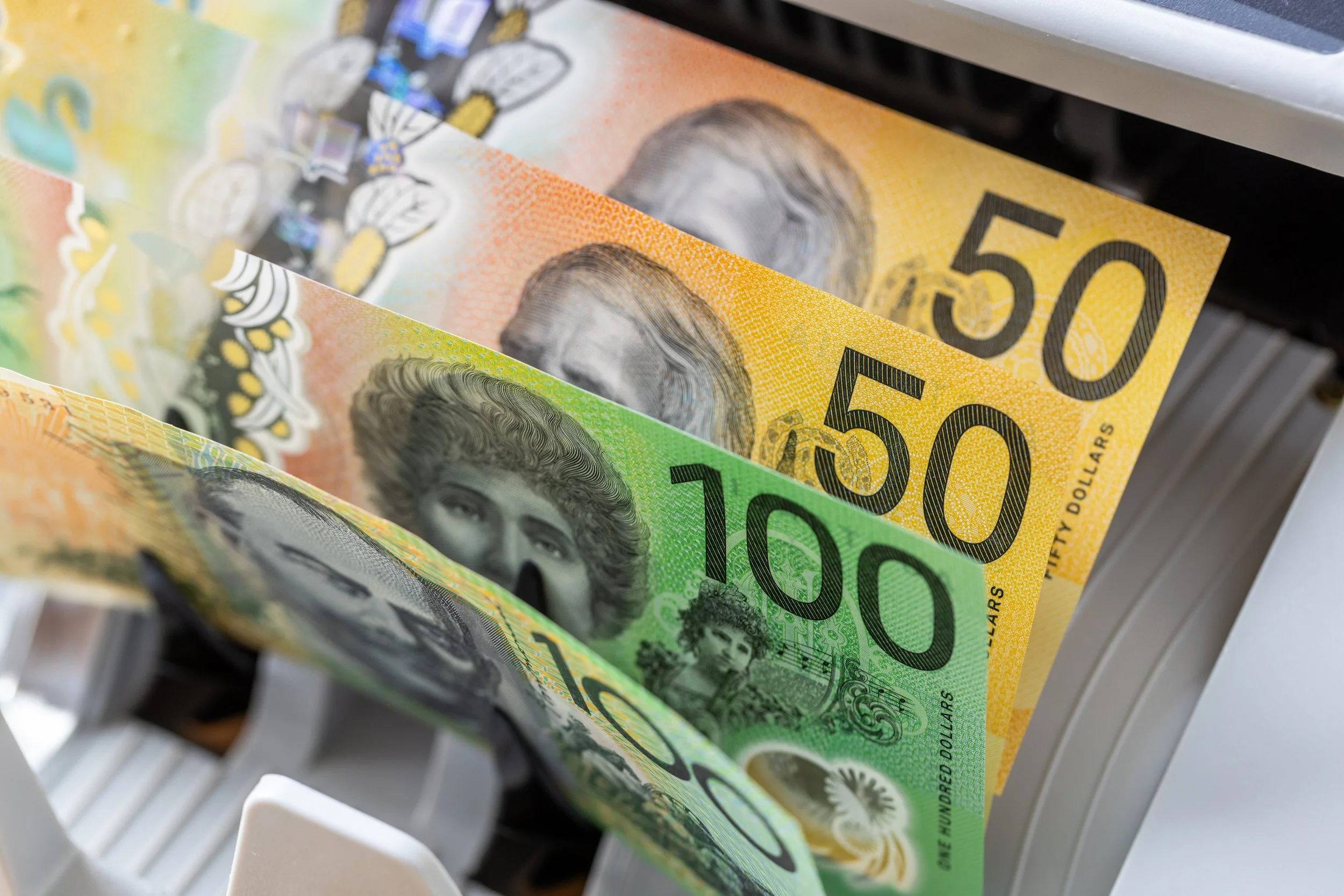 Australian currency in a money sorting machine for currency management
