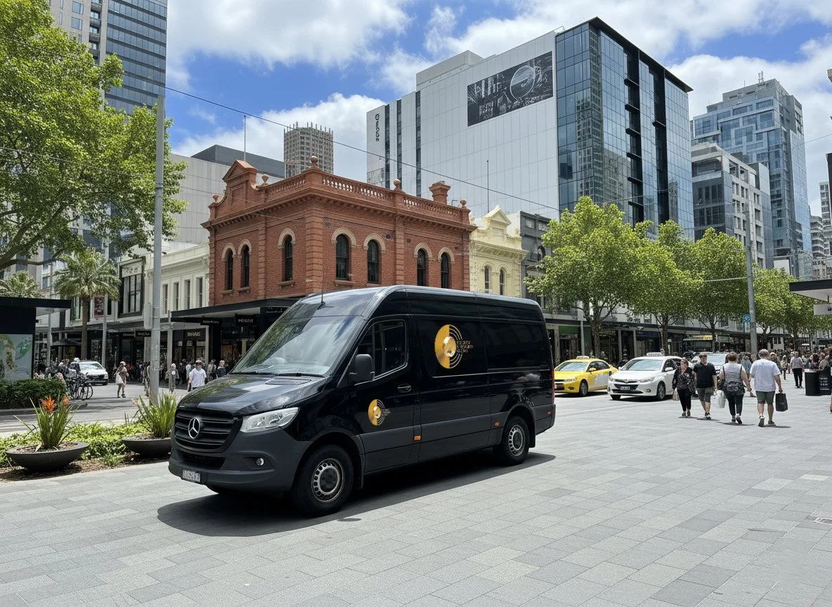 Image of a Security Specialists Global branded van driving through Melbourne street