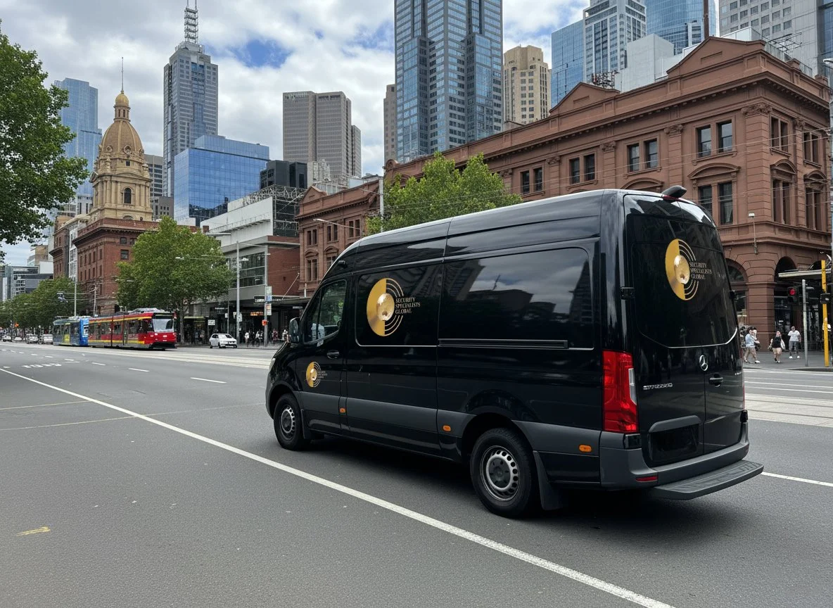 mage of a Security Specialists Global branded van driving through a Melbourne CBD street