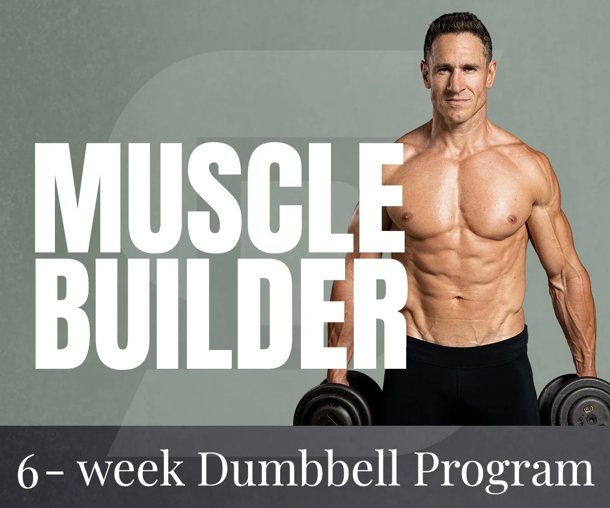 Don Saladino  - fitness expert, holding dumbbells, with bold text overlay reading 'Muscle Builder' and a subtitle below stating '6-week Dumbbell Program'.
