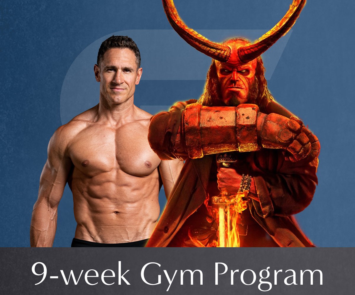 Don Saladino  - fitness expert, with Hellboy in front of a blue background. Text at the bottom reads "9-week Gym Program."