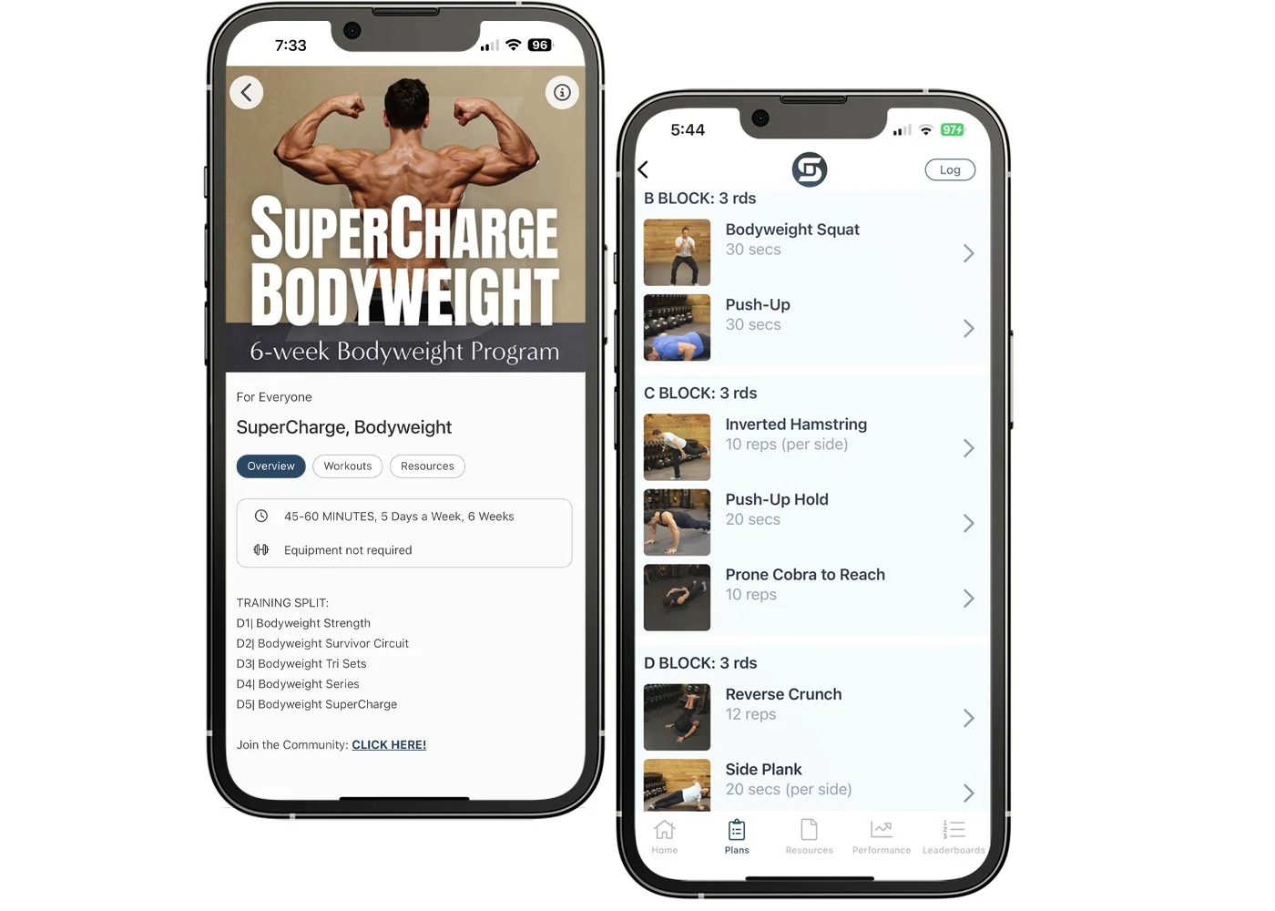 Two smartphone screens showing the “Super Charge – 6-Week Bodyweight Program” app: program overview on the left, workout list on the right.