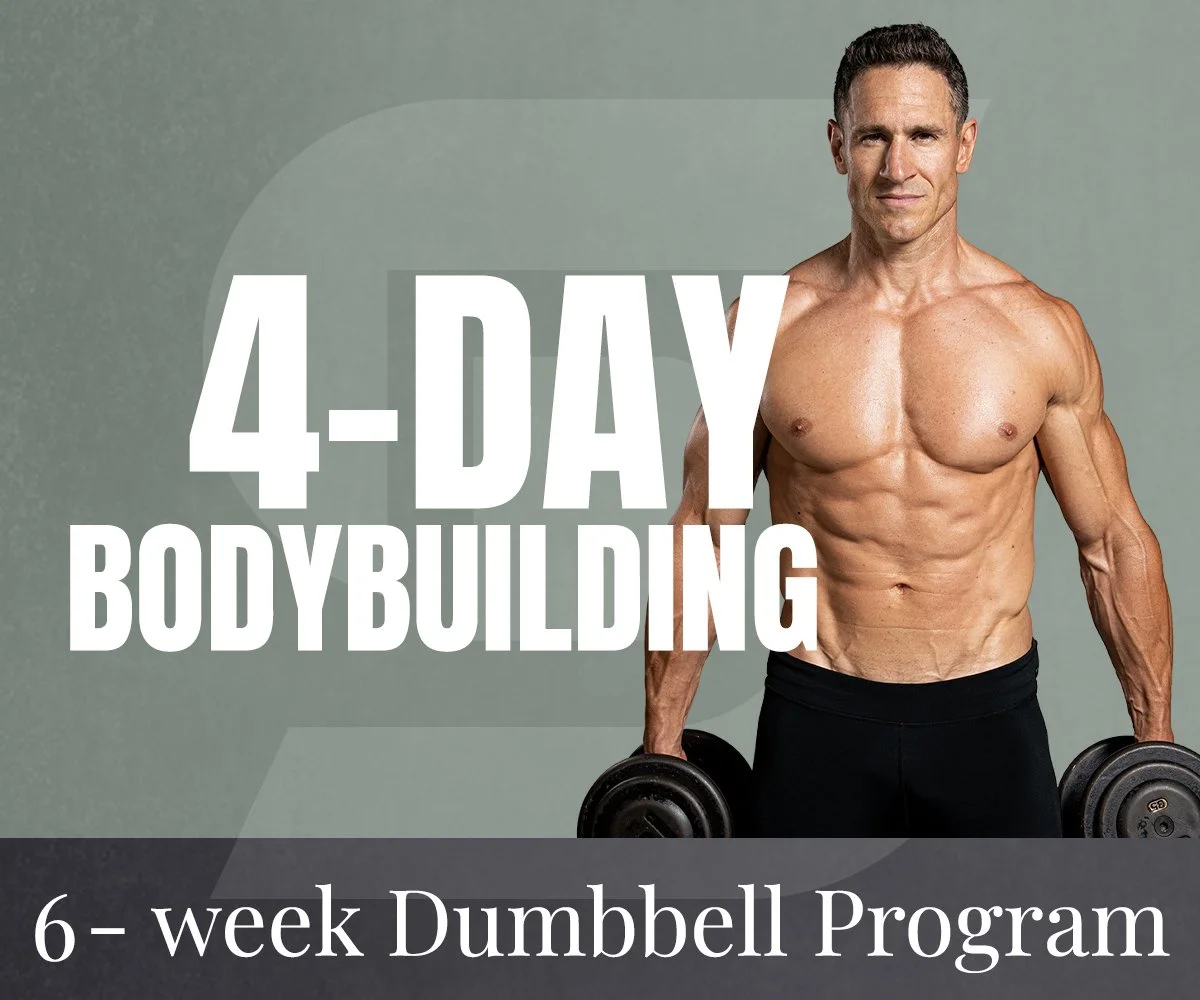 Don Saladino  - fitness expert, holding dumbbells, promoting a 4-day bodybuilding workout plan, with text indicating it's a 6-week dumbbell program.