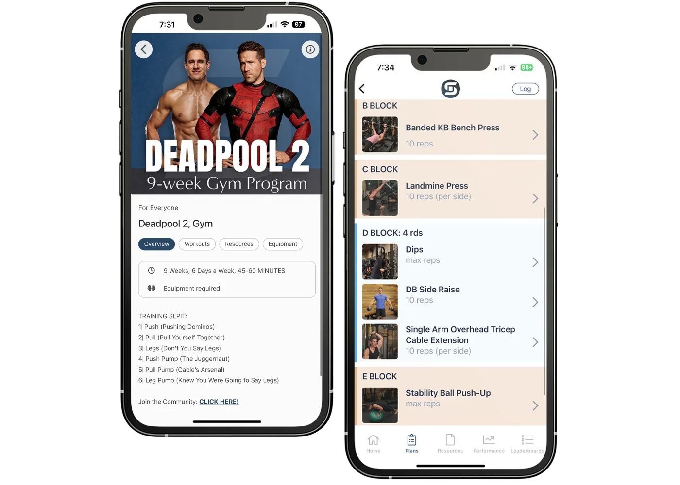 Two smartphone screens showing the “Deadpool 2 – 9-Week Gym Program” app: program overview on the left, workout list on the right.