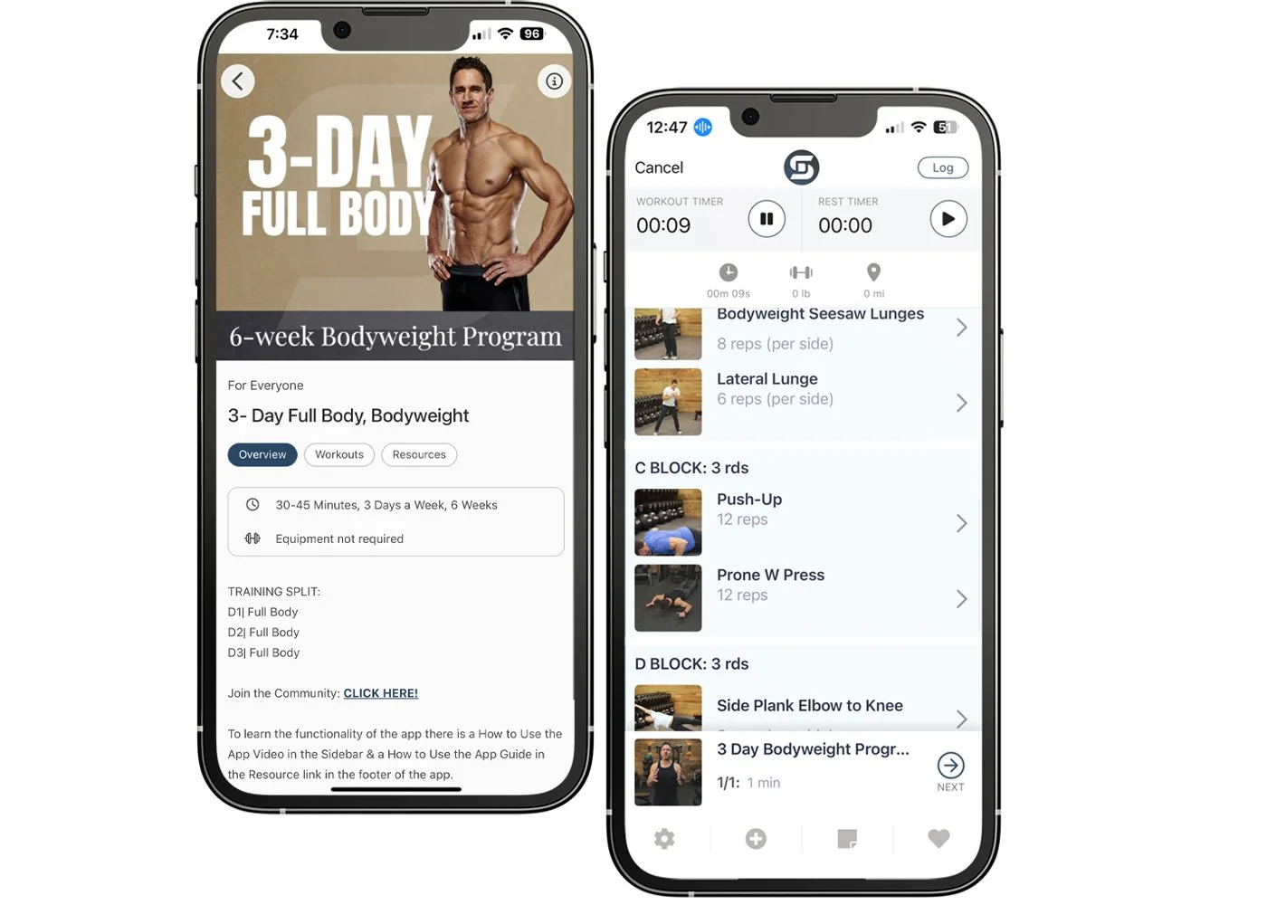 iphone showing Don Saladino's 3 day full body bodyweight program and what it looks like on the iphone app