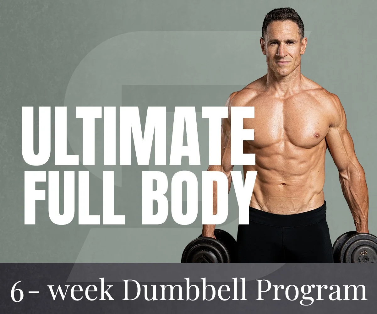 Don Saladino holding dumbbells, promoting a 6-week full-body dumbbell workout program.