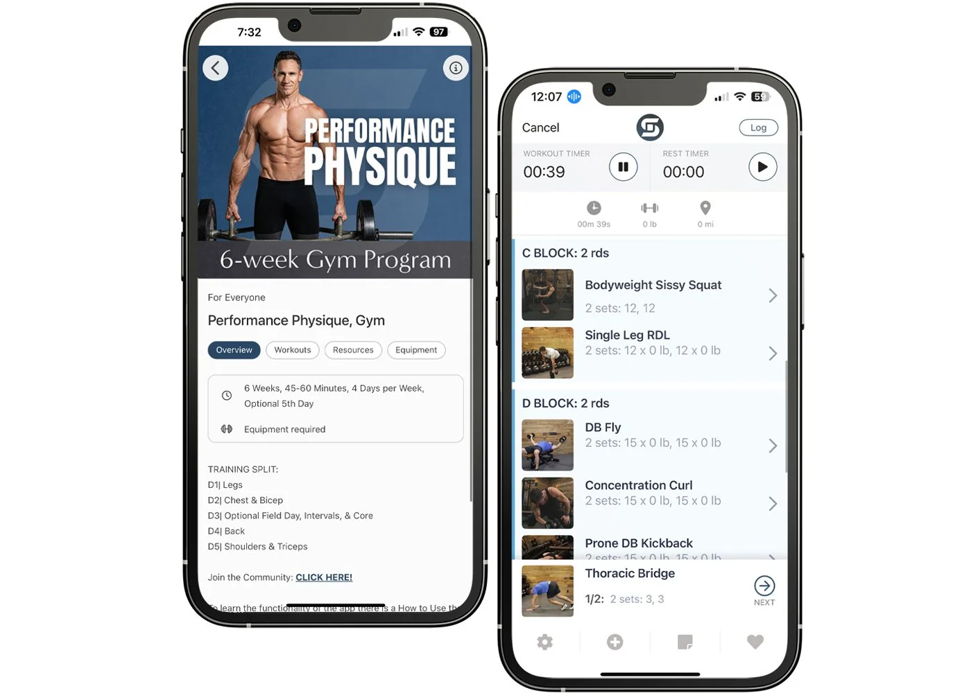 Two smartphone screens showing the “Performance Physique – 6-Week Gym Program” app: program overview on the left, workout list on the right.