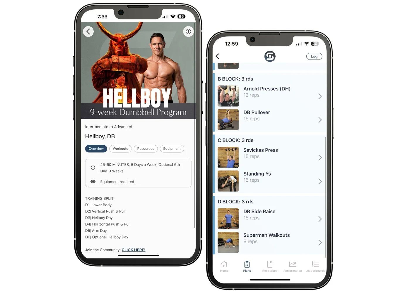 Two mobile screens showing Don Saladino’s hellboy dumbbell workout program and exercise list