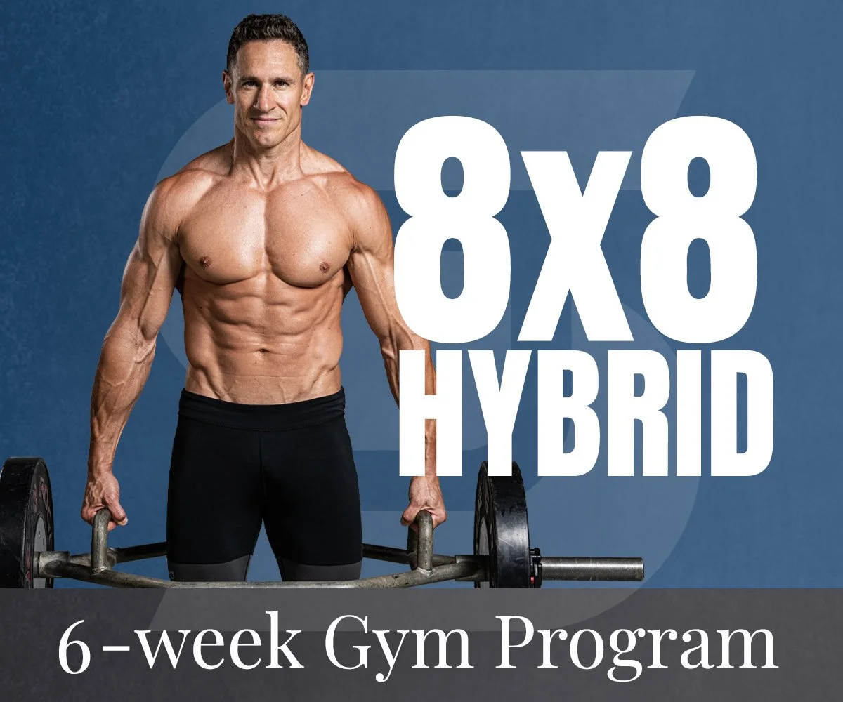 Don Saladino  - fitness expert, with defined abs and chest holding a barbell, standing shirtless against a blue background with the text '8x8 Hybrid' and '6-week Gym Program'.