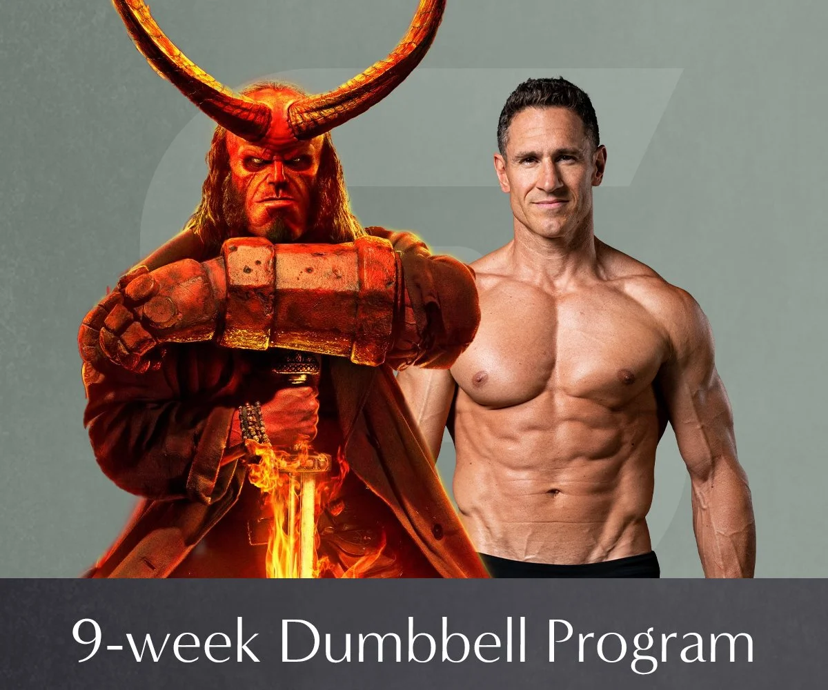 A promotional image for Don Saladino's 9-week Hellboy dumbbell program.
