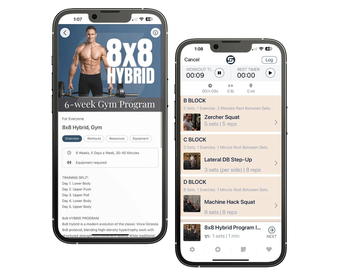 A look inside the DON SALADINO App. Day 1 of the 8x8 Hybrid Gym Program, the Lower Body Day with the Zercher Squat tutorial.