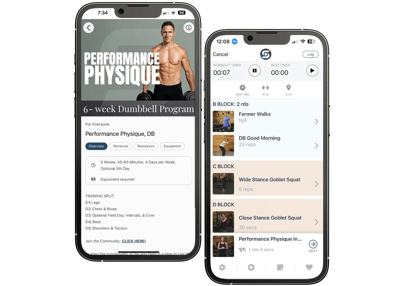 Two smartphone screens showing the “Performance Physique – 6-Week Dumbbell Program” app: program overview on the left, workout list on the right.