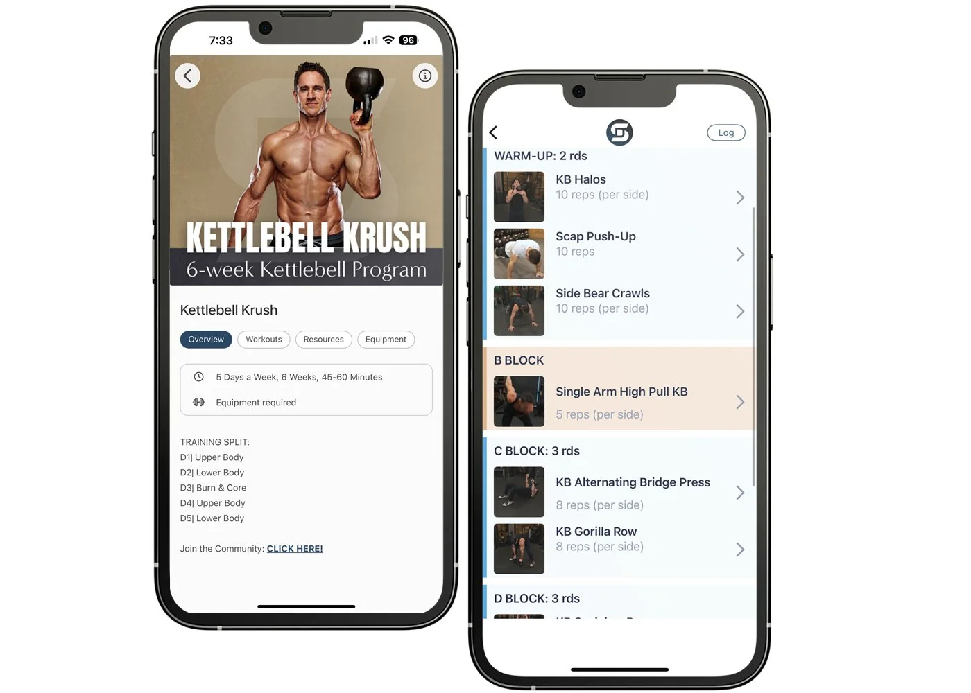 iphone showing don Saladino's Kettlebell Krush 6 week workout program and what it looks like on the iphone app