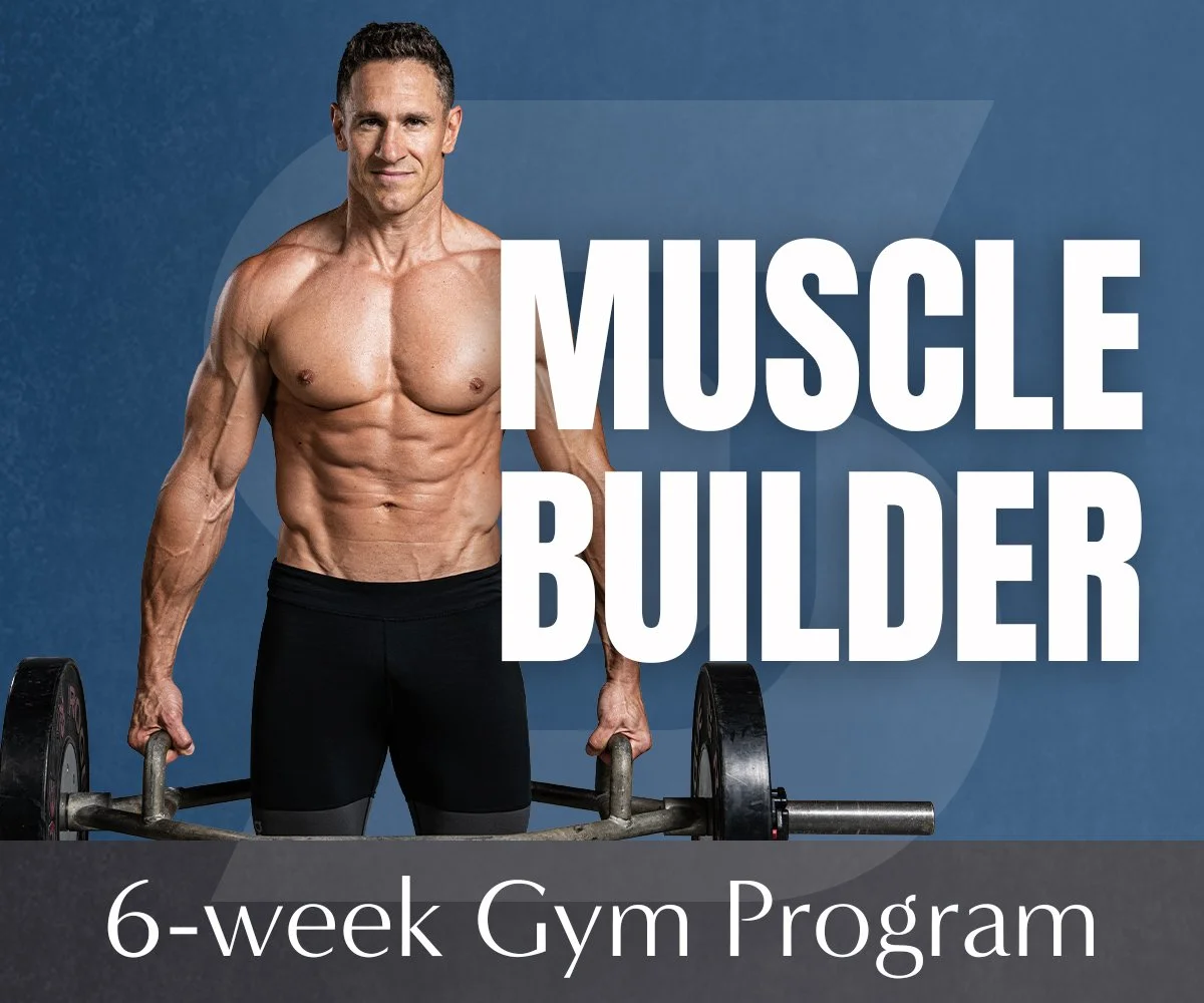 Don Saladino  - fitness expert, with defined abs and chest holding a barbell, standing shirtless against a blue background with the text 'Muscle Builder' and '6-week Gym Program'.