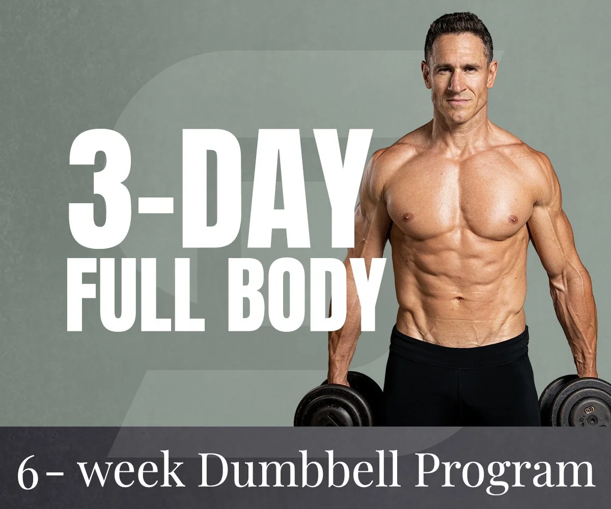 Don Saladino holds dumbbells in both hands, standing shirtless against a plain background. Overlaid text reads '3-DAY FULL BODY' and at the bottom, '6-week Dumbbell Program'.