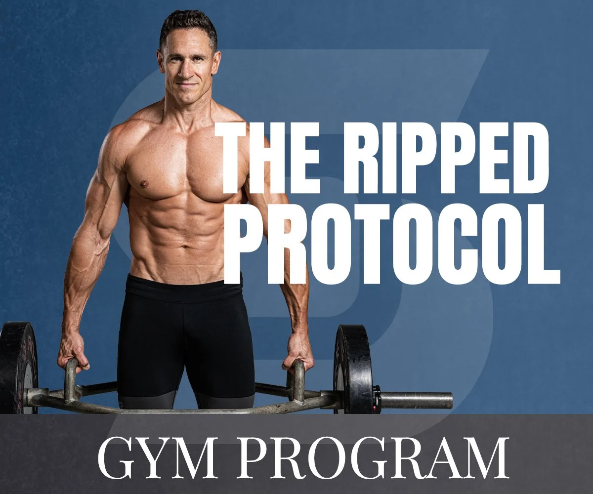 Don Saladino holding a barbell, with the text "The Ripped Protocol" and "Gym Program" overlaid on a blue background.