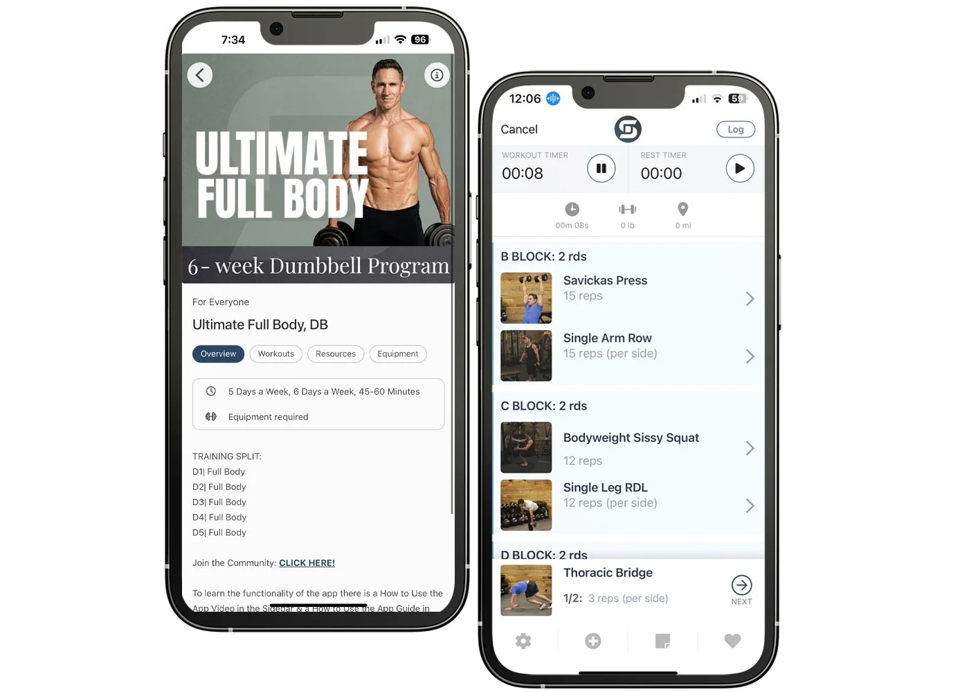 Two mobile screens showing Don Saladino’s ultimate full body workout program and exercise list.