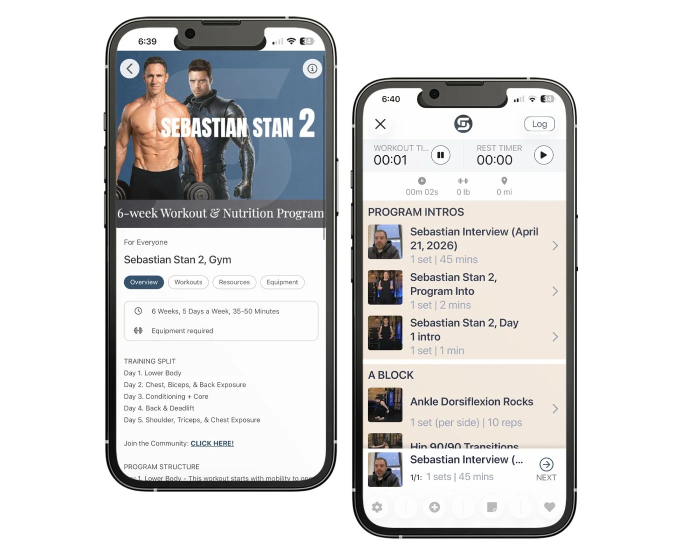 Two mobile screens showing Don Saladino’s Sebastian Stan 2 gym workout program and exercise list.