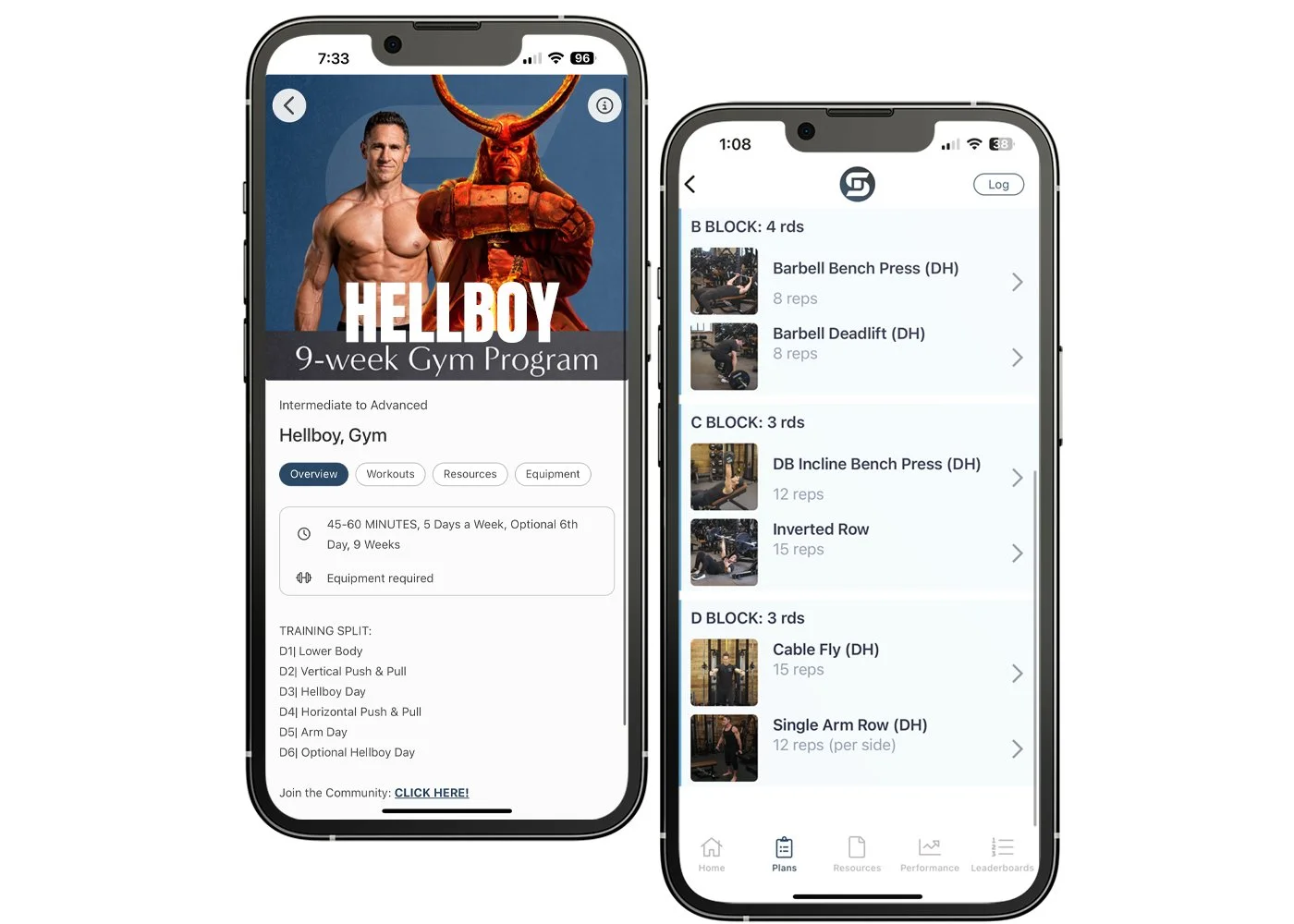 Two mobile screens showing Don Saladino’s hellboy gym workout program and exercise list.