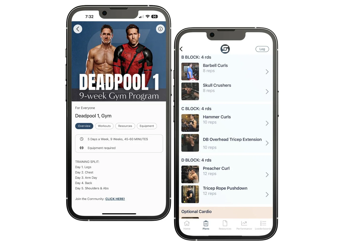 Two smartphone screens showing the “Deadpool 1 – 9-Week Gym Program” app: program overview on the left, workout list on the right.