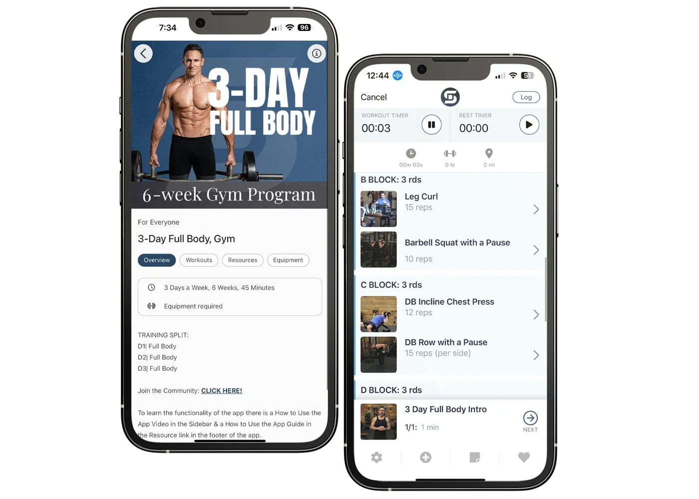 Two mobile screens showing Don Saladino’s 3-day full body workout program and exercise list.