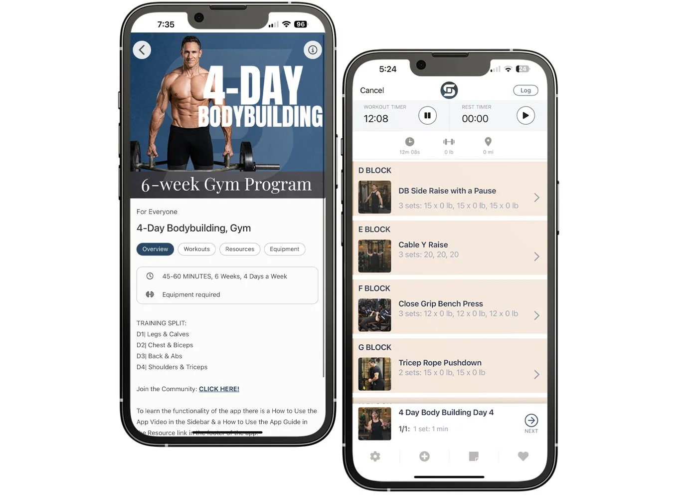 Two smartphone screens showing the “4 Day Bodybuilding – 6-Week dumbbell Program” app: program overview on the left, workout list on the right.