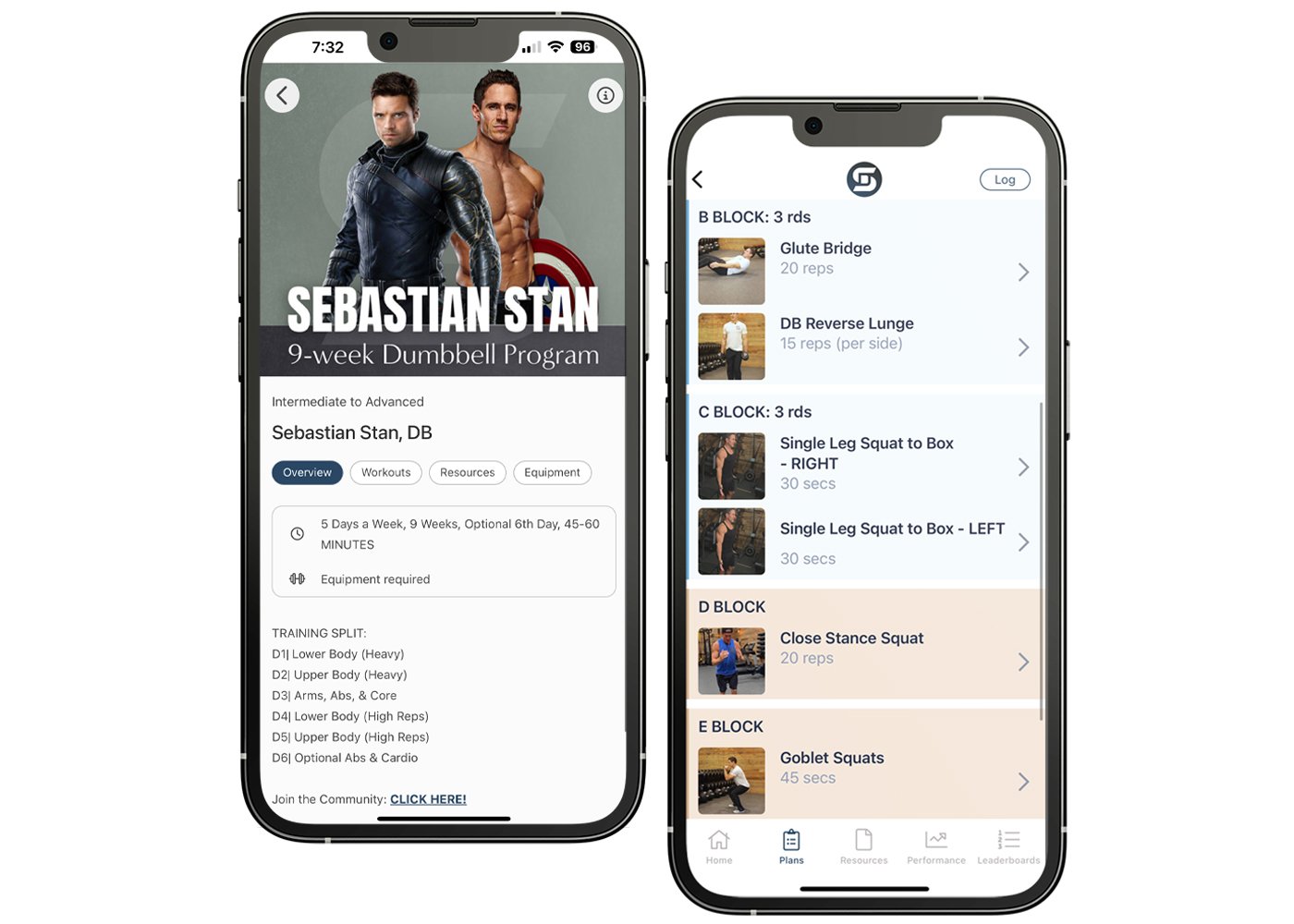 Two mobile screens showing Don Saladino’s Sebastian Stan dumbbell workout program and exercise list.