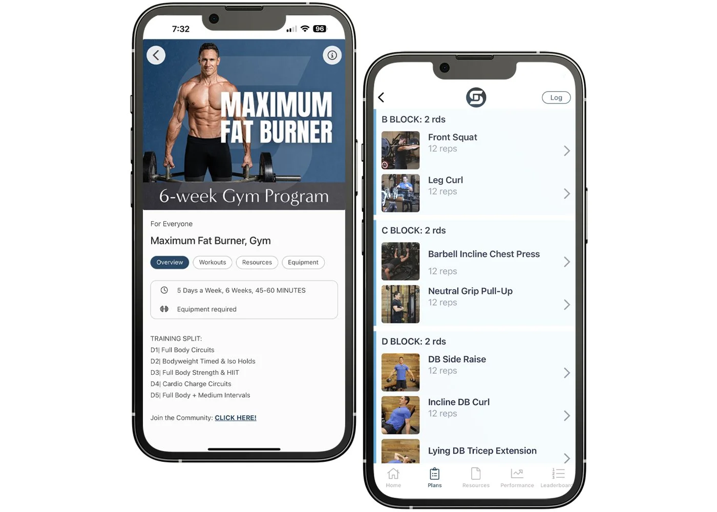 Two mobile screens showing Don Saladino’s maximum fat burner workout program and exercise list.