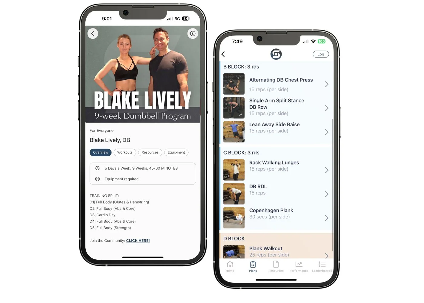 Two mobile screens showing Don Saladino’s Blake Lively dumbbell workout program and exercise list.