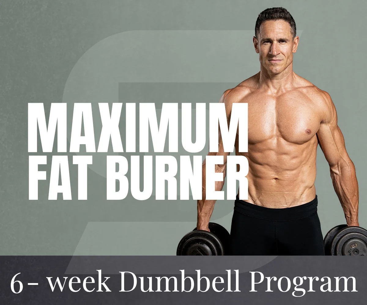 Don Saladino holding dumbbells, promoting a 6-week dumbbell workout program called 'Maximum Fat Burner'.