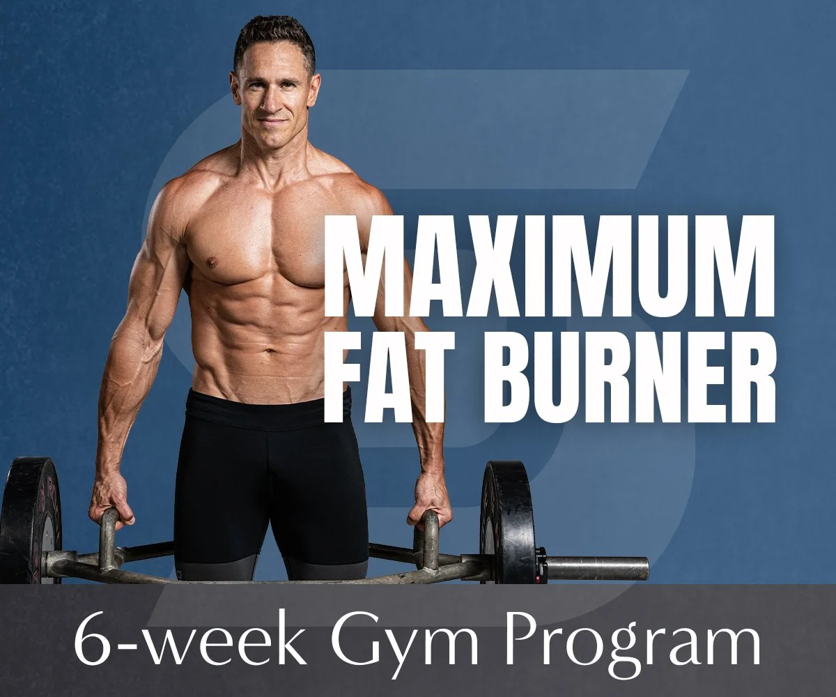 Don Saladino lifting a barbell with weights, shirtless, with the text 'Maximum Fat Burner' and '6-week Gym Program' on a blue background.