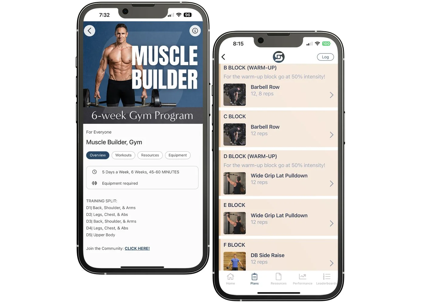 Two mobile screens showing Don Saladino’s muscle builder gym workout program and exercise list.