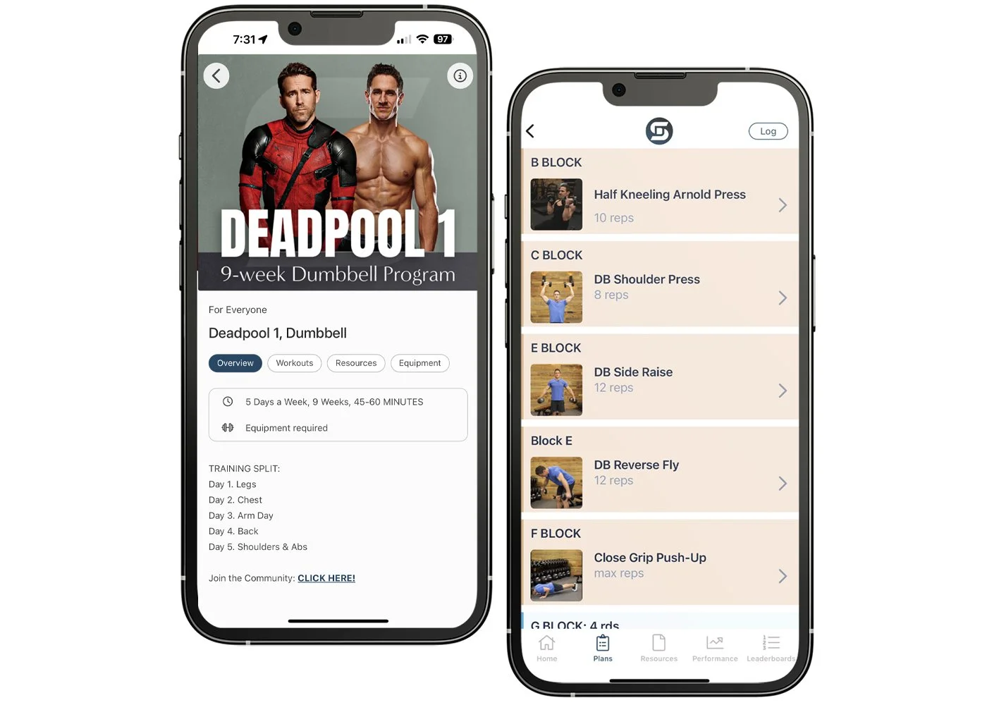 Two smartphone screens showing the “Deadpool 1 – 9-Week Dumbbell Program” app: program overview on the left, workout list on the right.