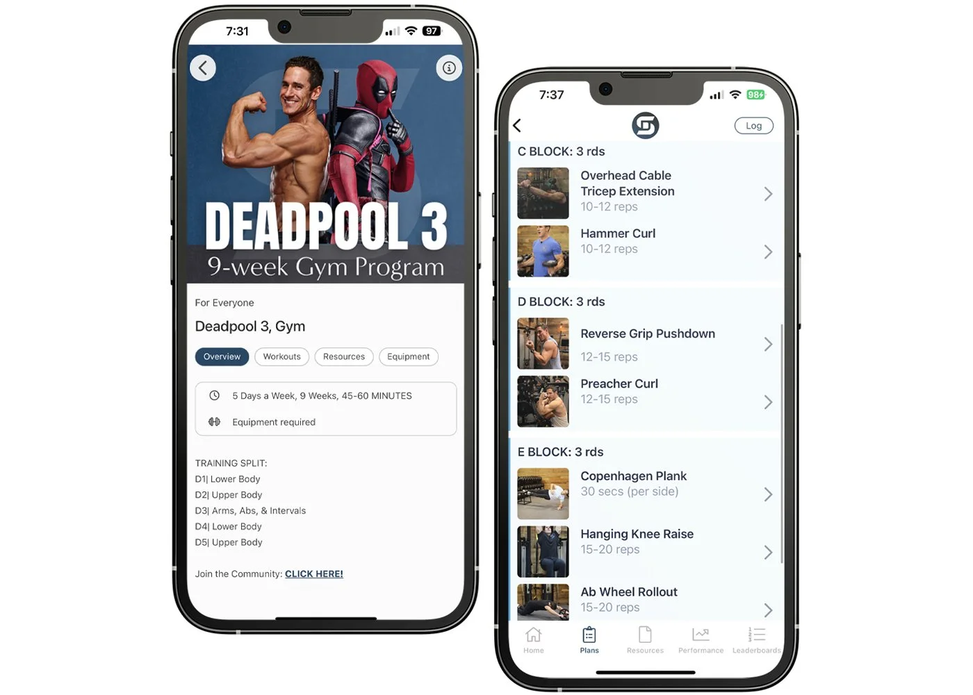 Two smartphone screens showing the “Deadpool 3 – 9-Week Gym Program” app: program overview on the left, workout list on the right.